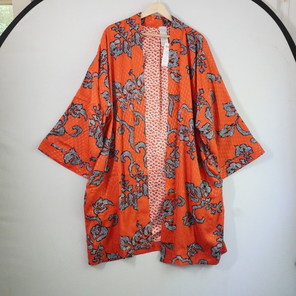 Chico's Kimono Open Front Floral Print Duster Jacket Orange‎ Spice Size 4 NWT - Picture 1 of 8